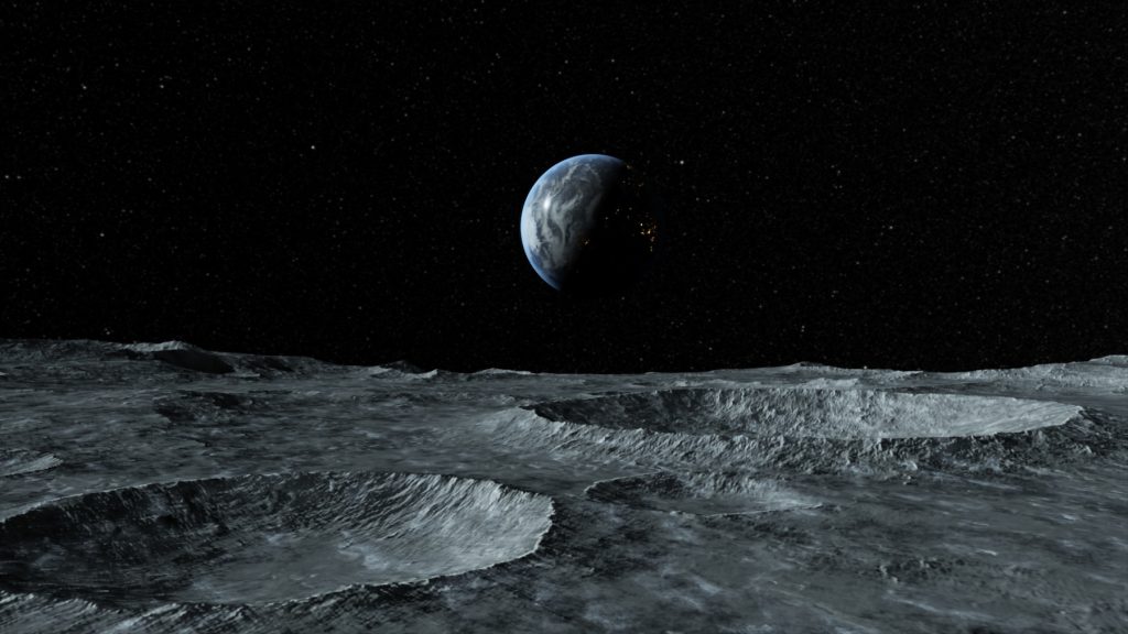 View of the planet Earth from the surface of the Moon. Airless space. Simulated drone flight. High quality 3d illustration